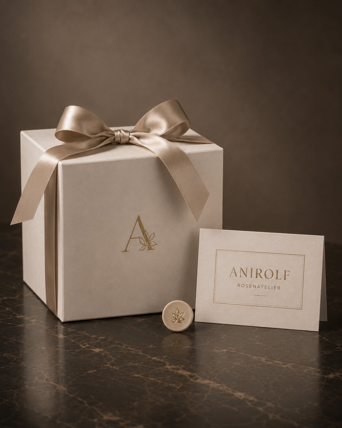 ANIROLF Geschenkbox mit Champagner-Satinschleife, Wachssiegel und Grußkarte